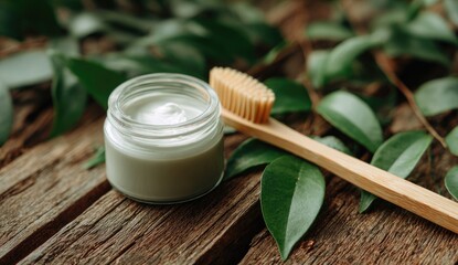 Natural toothpaste in a glass jar, beside a wooden toothbrush, on a rustic wooden surface with greenery