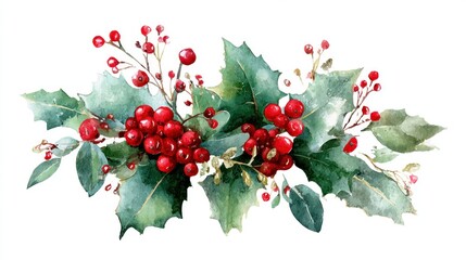 Christmas watercolor floral arrangement of holly leaves and red berries