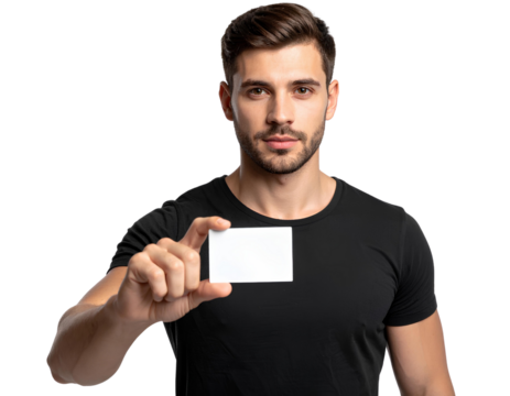 Handsome young man in a black t-shirt showing an empty white card, isolated on transparent background 