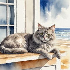 A watercolor illustration of a lazy fluffy gray cat laying across a sunlit beach cabinet porch

