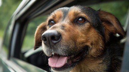 A joyful dog leans out of a car window feeling the breeze on its face during a leisurely drive in a beautiful outdoor setting. Its tail wags with excitement.
