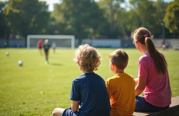 Children watch sons play football match on sunny field. Young fans sit on bench, boys compete in soccer game. People enjoy outdoor sport, family fun watching match on pitch.