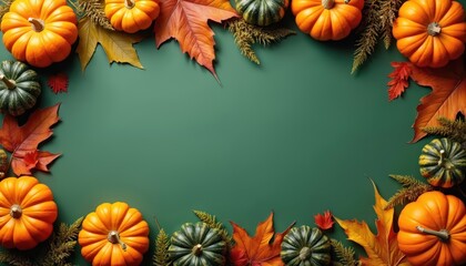 Fototapeta premium Autumn frame with orange pumpkins, green gourds, colourful maple leaves on dark green background. Seasonal composition for Thanksgiving Halloween. Top view harvest decoration flat lay with copy space