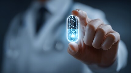 Doctor holding a glowing digital pill representing advanced medical technology and future healthcare solutions.