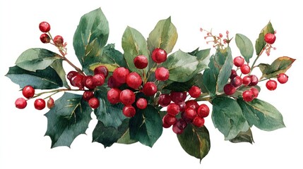 Christmas watercolor floral arrangement of holly leaves and red berries