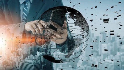 A businessman uses a smartphone while engaging with a digital globe overlay, representing global connectivity and technological advancements in a modern city environment. Xenic - Powered by Adobe