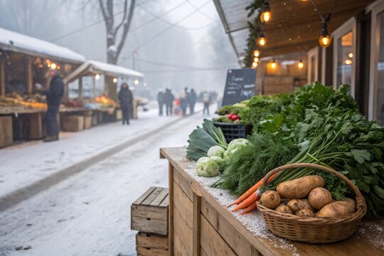 Winter vegetables with herbs on rustic wooden counter in local farmer market
