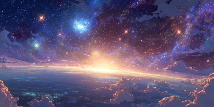 Celestial Horizon: A breathtaking celestial landscape, where the ethereal glow of stars, nebulae, and a distant sun dance together. An awe-inspiring panorama of cosmic wonder.