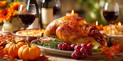 Festive Feast: A tantalizing spread of holiday delicacies, featuring a golden-roasted turkey, vibrant pumpkins, and sparkling glasses of wine, celebrating the joy of sharing a meal