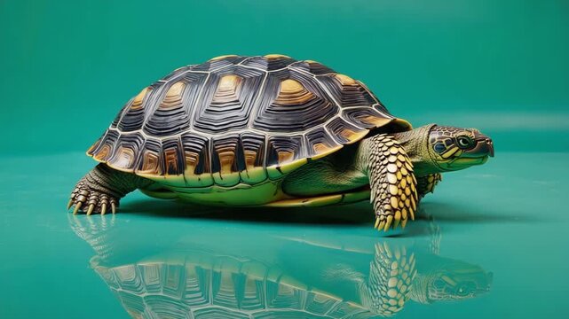 Detailed close-up of a tortoise with intricate shell patterns and scaly skin moving slowly across