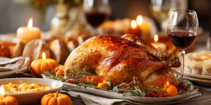 Thanksgiving Feast: A beautifully roasted turkey takes center stage on a table laden with traditional Thanksgiving fare, symbolizing gratitude and abundance, lit by candle light.
