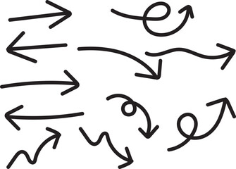 Black Hand Drawn Arrow Set Vector Icons Collection: Brush Stroke, Marker Sketch, Doodle, Curve, Up Down Left Right Directional Pointers for UI Infographic