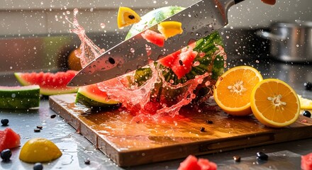 Dynamic splash of juice as a sharp knife cuts a ripe watermelon surrounded by fresh fruits.