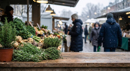 Winter vegetables with herbs on rustic wooden counter in local farmer market