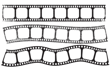 Vintage grunge distressed 35mm film strip border set. Trendy cinema reel frame template with empty slots, noisy texture, scratches. Old aesthetic movie style vector illustration on transparent backgro