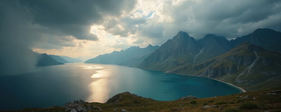 Vast blue lake reflects dramatic stormy sky over sharp mountain peaks. Green grassy slopes descend to water. Rugged nature scene, remote wilderness, stunning landscape.