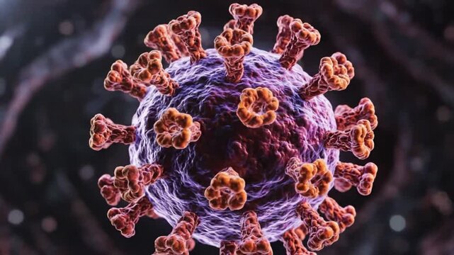 Close-up view of a virus structure showcasing its spikes and cellular details against a blurred background