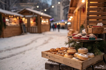 Fresh pastries on a rustic tray at a snowy winter market