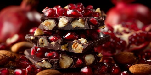 Decadent Delight: Dark chocolate with pomegranate and nuts offer an explosion of flavors and textures, with fresh pomegranate arils and toasted nuts on rich dark chocolate squares.