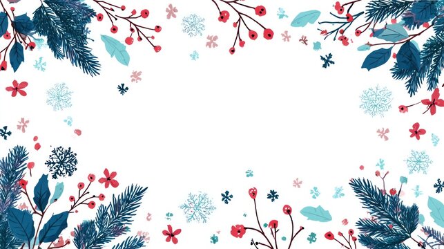 Christmas Winter holiday frame with Christmas tree branches, leaves, berries, snowflakes. Cute flat design elements