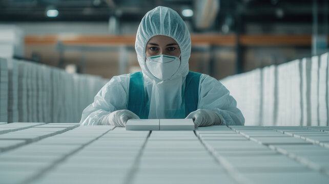 Focused worker in protective clothing and mask inspects white rectangular products on production line in clean industrial environment