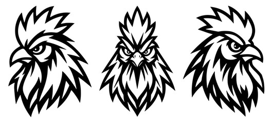 Stylized Black and White Rooster Head Vector Set &ndash; Three Fierce Tribal-Inspired Mascot Designs for Logos Tattoos Sports Teams Branding &ndash; Bold Aggressive Expressions with Clean Lines