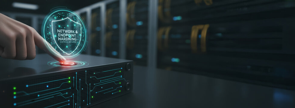 Cyber protection and warfare concept with digital shield hologram and finger pressing button on server in data center room