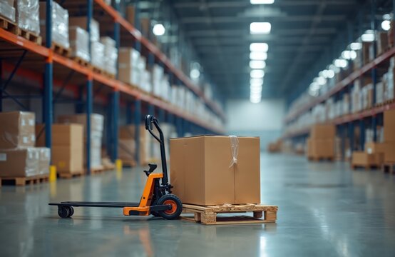 Large warehouse interior with cardboard box on wooden pallet near hand pallet truck. Boxes on shelves background. Logistics storage delivery concept. Industrial distribution commercial business.