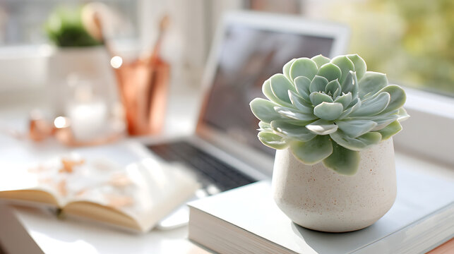 Minimalist workspace with a sleek laptop, a white desk, and a single potted succulent, emphasizing productivity and clarity.