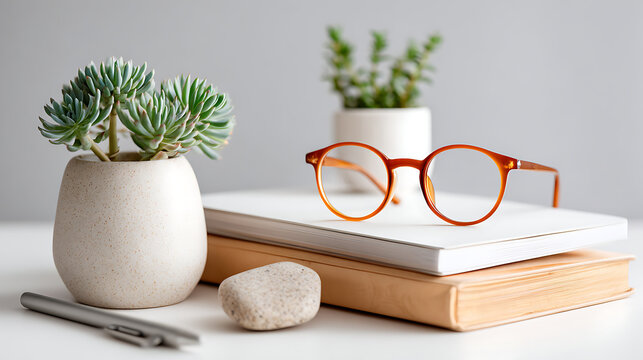 Minimalist workspace with a notebook, glasses, a white desk, and a single potted succulent, emphasizing productivity and clarity.