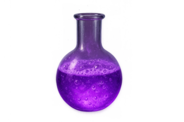 Purple bubbling potion in a glass flask, magic elixir for alchemy, chemistry or fantasy concepts