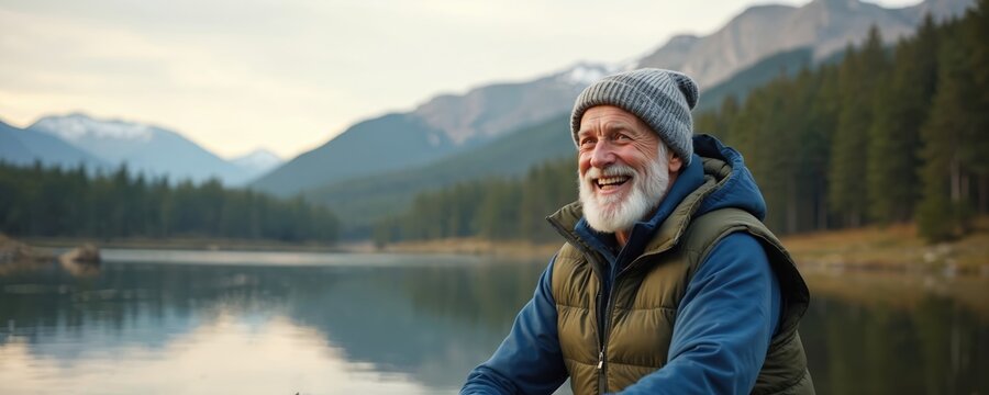Elderly man with white beard and gray hat smiles near lake. He wears puffer vest, enjoys nature. Mountains and forest background. Active senior retiree.