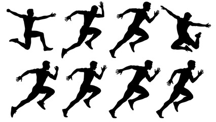 Set of black silhouette male runners and jumpers, showcasing dynamic athletic motion and physical activity on a clean background, ideal for sports design projects.