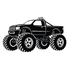 Powerful monster truck vector illustration featuring massive oversized wheels, robust lifted suspension, and prominent roof lights, perfect for extreme off-road racing events and shows © rsvect02