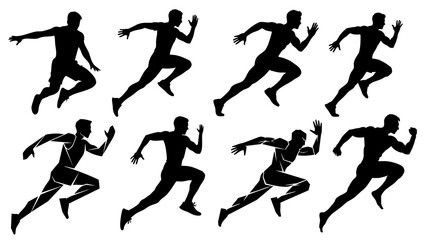 Dynamic collection of male runner silhouettes in various athletic poses, illustrating speed, agility, and competitive spirit, ideal for sports and fitness designs.