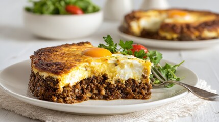 Savory Moussaka Slice with Golden Egg Topping and Fresh Greens on White Plate