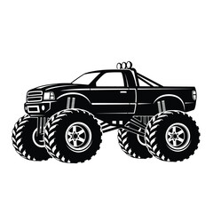 Monster truck vector illustration with oversized wheels and powerful suspension, ideal for extreme off-road adventures and heavy-duty performance, isolated on a clean white background.