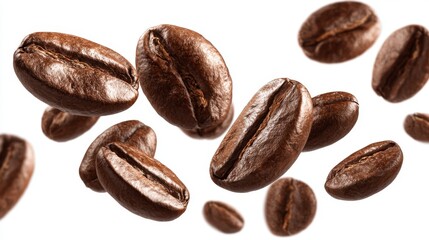 Floating coffee beans capture attention with their glossy surface and deep brown hue highlighting the beauty of this beloved beverage ingredient. Perfect for coffee enthusiasts and culinary art.