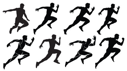 Dynamic collection of male runner silhouettes in various athletic poses, illustrating speed, agility, and competitive spirit, ideal for sports and fitness designs.