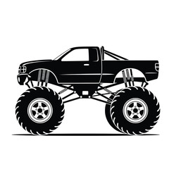 Monster truck side view black silhouette illustration. off-road vehicle with large wheels and lifted suspension. powerful extreme sport event transport design element for graphic projects.