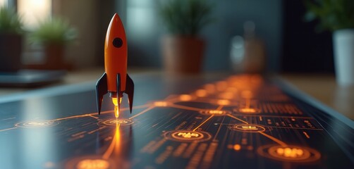 Orange rocket model stands on digital circuit board. The tech concept illustrates business growth startup and innovation. Modern IT and digital transformation strategy in action.