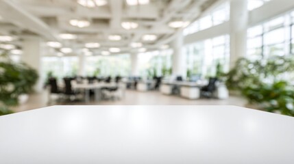 A clean, bright office features large windows allowing natural light to fill the space. Lush green plants add a touch of nature, creating a refreshing work environment