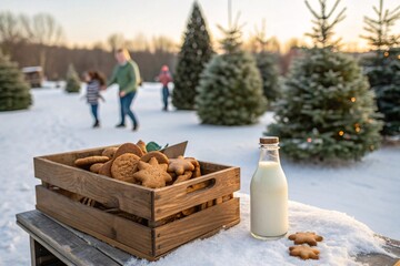 A wooden crate with gingerbread cookies and bottle of milk with Christmas tree families