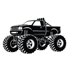 Stylized black and white vector illustration of a powerful off-road monster truck with large wheels, heavy-duty suspension, and a rugged pickup body, conveying extreme sport, power, and adventure.