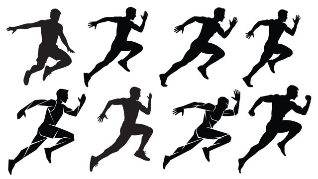 Dynamic collection of male runner silhouettes in various athletic poses, illustrating speed, agility, and competitive spirit, ideal for sports and fitness designs.