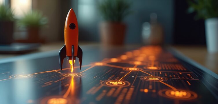 Orange rocket model stands on digital circuit board. The tech concept illustrates business growth startup and innovation. Modern IT and digital transformation strategy in action.