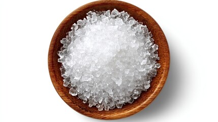 Top-view baking powder in wooden bowl on clean white, zero-shadow hero for recipe blog or e-commerce listing