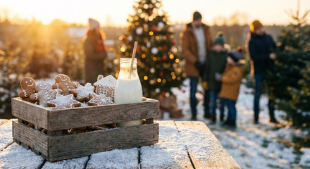 A wooden crate with gingerbread cookies and bottle of milk with Christmas tree families