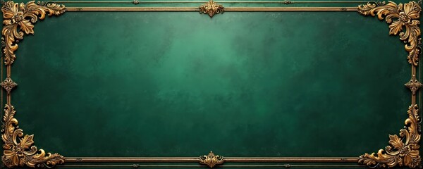 Elegant dark green background with ornate gold floral frame. This vintage decorative border has intricate patterns and rich details. Luxurious classic banner design with empty copy space for text.