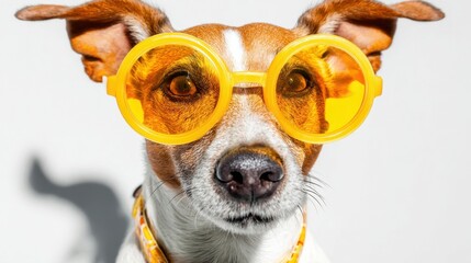 A happy dog with a shiny coat wears oversized yellow glasses bringing a cheerful vibe to the scene. The playful pet shows off its personality in a bright location.